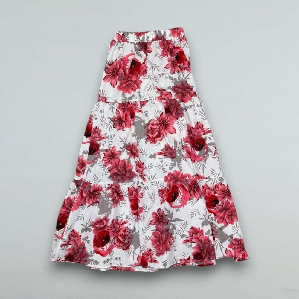 Red Tie Front Crop Top Floral Tiered Maxi Skirt 2 Piece Set Size Small - Picture 3 of 8